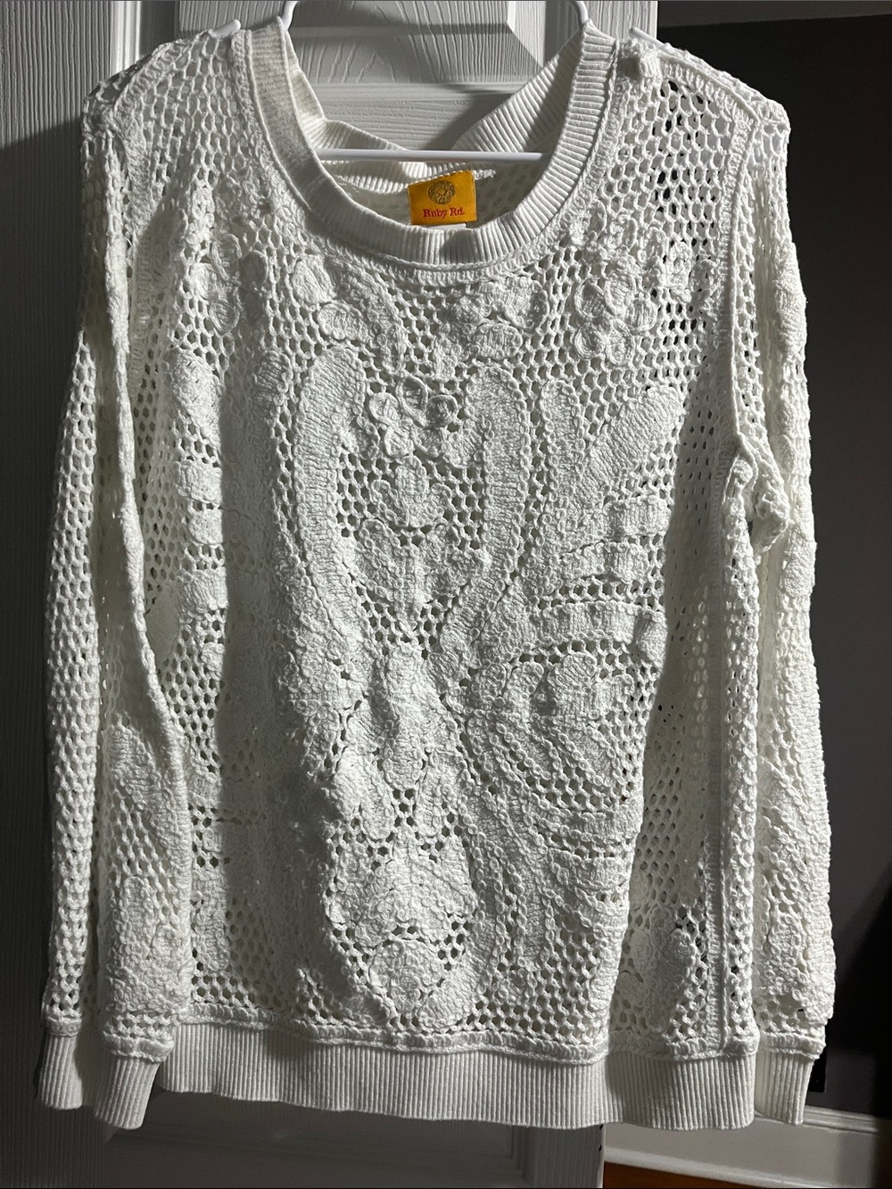 Ruby Rd. Cream Crochet Knit Long-Sleeve Pullover